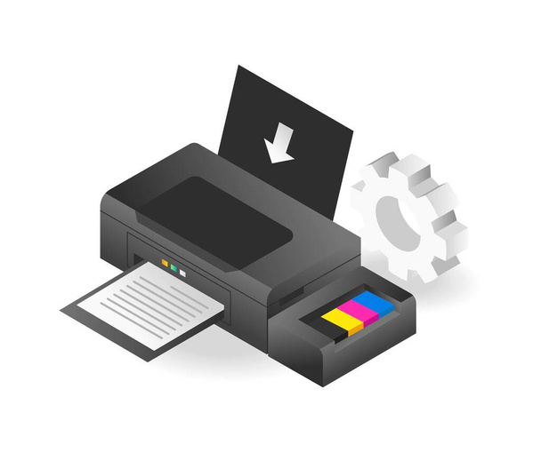 Ilustración isométrica plana 3d concepto del proceso de impresión de papel - Vector, Imagen