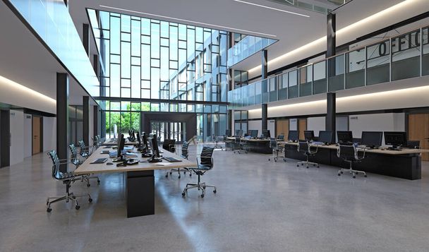 Ufficio moderno con open space e grandi finestre. Render 3D - Foto, immagini