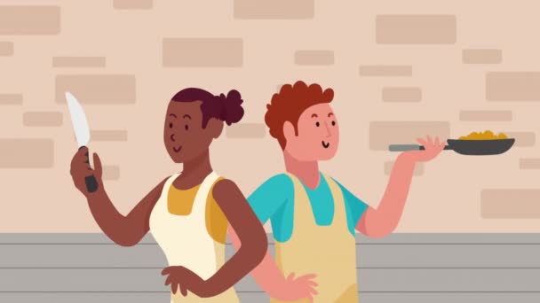 pareja interracial cocina personajes de animación, 4k video animado - Metraje, vídeo