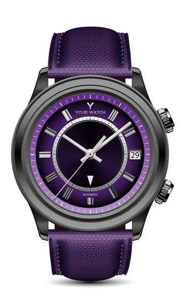 Reloj realista reloj negro acero gris flecha púrpura cara con correa de tela en el diseño blanco clásico de lujo para los hombres vector - Vector, imagen