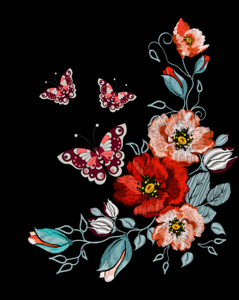 Adorno popular bordado de rosas naranja, mariposa y otras flores silvestres - Vector, Imagen