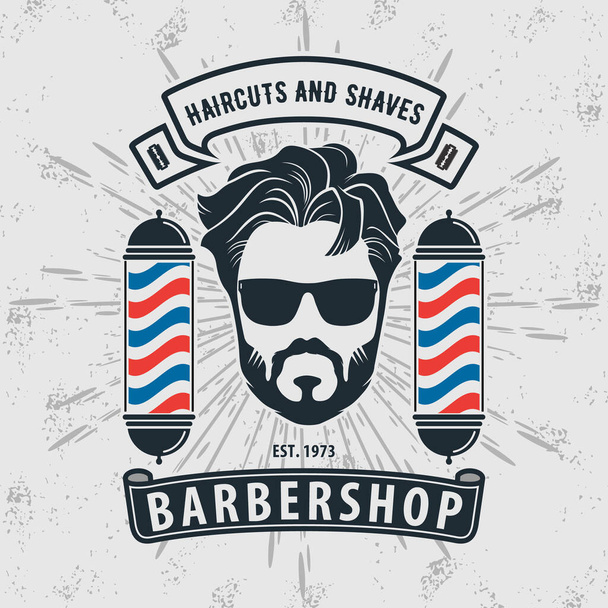 Logo de la barbería, cartel o concepto de diseño de pancartas con poste de barbero y hombres barbudos. Ilustración vectorial - Vector, imagen