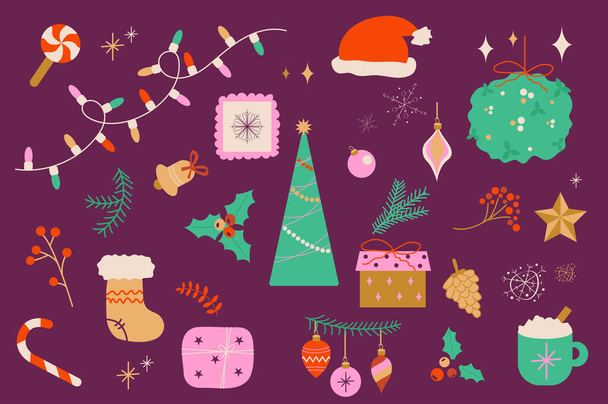 Christmas holiday isolated elements set in flat design. Bundle of lollipop, garland, Santa Claus hat, bell, tree, berry, socks, gift, holly, toys, winter decorations and other. Illustration. - Photo, Image