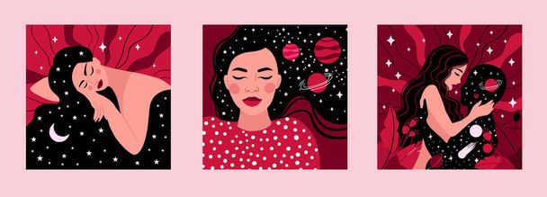 Ruhani kız, uzay aşkı. hayal, düşünce ve meditasyon konsepti. Yaşasın mor renkli vektör kartları - Vektör, Görsel