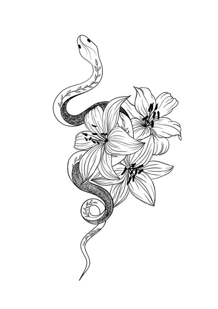 Tetovaný had se třemi liliemi Izolovaná ilustrace. Tradiční Tattoo Old School Tetování styl Ink. Obrázek siluety hada.  - Fotografie, Obrázek