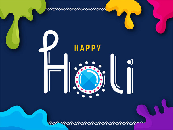 Happy Holi Lettering With Top View Gulal Pot And Paint Color Splash On Blue Background. - Vecteur, image