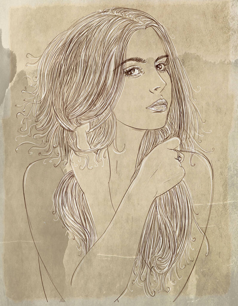 woman, elegant, with long hair, with background, ancient background, line art, vintage - Foto, Imagem