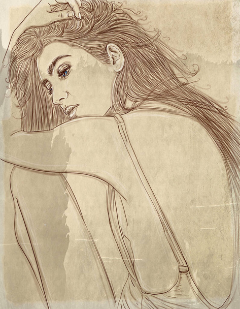 woman, elegant, with long hair, with background, ancient background, line art, vintage - Foto, Imagem