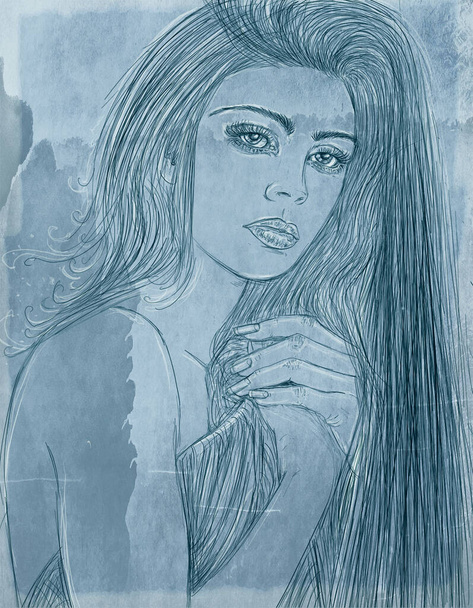 woman, elegant, with long hair,with background, ancient background,line art, vintage - Φωτογραφία, εικόνα