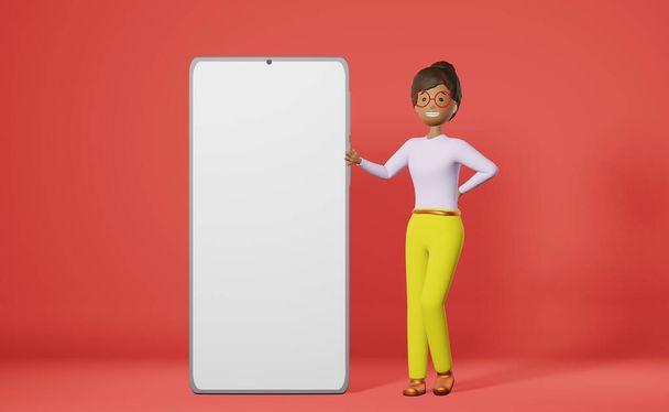 Usmívající se Afroameričanka velké smartphone mockup růžové 3D vykreslování app UI UX design. Pracovník na volné noze Studující student. Karikatura multietnický charakter obchodní žena gadget displej obrazovky. - Fotografie, Obrázek