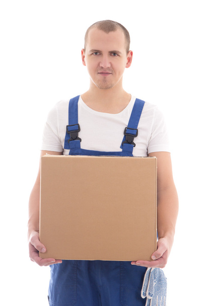 Lieferung-Konzept - glücklicher Mann in Arbeitskleidung mit Karton isol - Foto, Bild