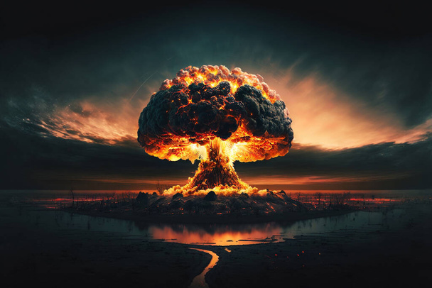 Τρομακτική πυρηνική έκρηξη με σύννεφο μανιταριού και φωτιά στο σκοτάδι. Ατομικά όπλα και η αποκάλυψη. Τρίτος Παγκόσμιος Πόλεμος  - Φωτογραφία, εικόνα