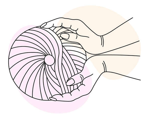 Knitting icon, female hands hold a skein of threads. Line art, sketch, clip art, vector - Vector, Image