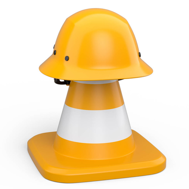 Stack of safety helmets or hard hats and traffic cones for under construction road work on white background. 3d render carpentry tools for industrial worker and handyman - Fotoğraf, Görsel