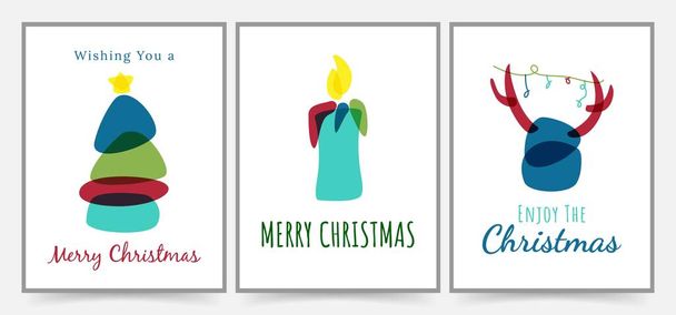 シンプルなメリークリスマスグリーティングカード、背景、ポスター、カバーデザイン。ホリデー招待状とバナーテンプレートイラスト。現代的でミニマルな形状のクリスマスカード - ベクター画像