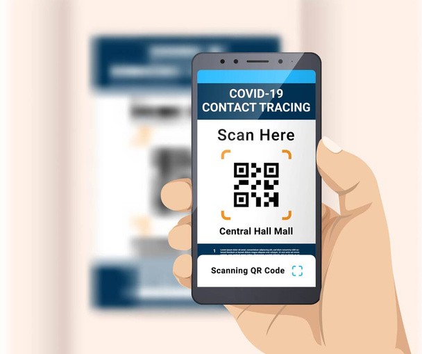 Scanning Covid-19 Contact Tracing for Entering Location Illustration. Hand Holding Smartphone and Scan QR Code Vaccination Certificate or Passport Card as proof that you have been vaccinated - Vector, Image