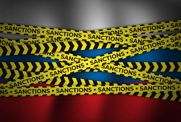 Sankcje dla Rosji. flaga Rosji z żółtymi wstążkami - Wektor, obraz