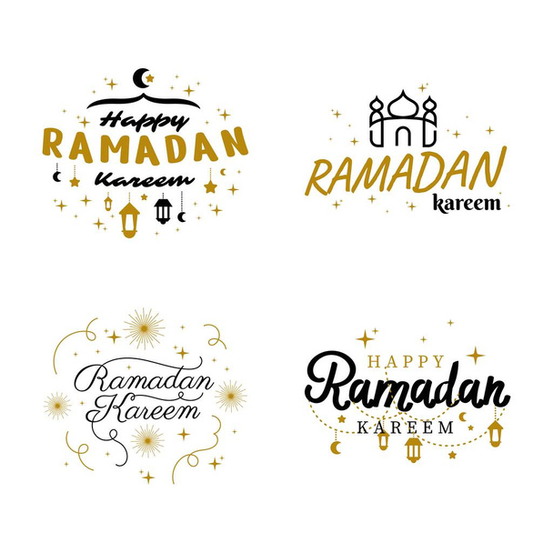 Zbiór szablonów Ramadan Kareem Vector. Happy Eid Mubarak Typografia i Eid Al Fitr Litery Ręcznie wykonane z odznaką obiektu na Święto Islamu. Tradycja muzułmańska Kaligrafia, ręczne pisanie Koncepcja - Wektor, obraz