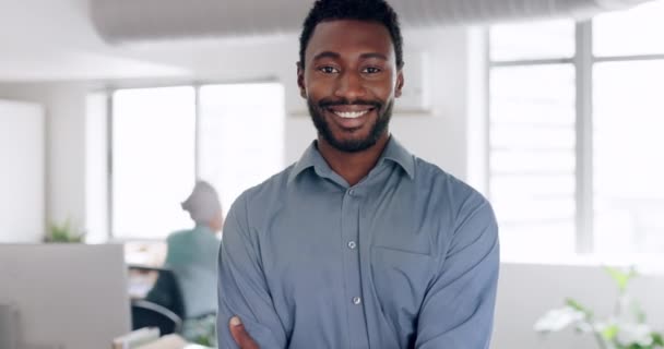 Účetní, šťastný a tvář černocha v úřadu s úsměvem nadšený pro firemní podnik. Sebevědomý portrét účetního pracovníka na nigerijském pracovišti připraveném na profesní příležitost - Záběry, video