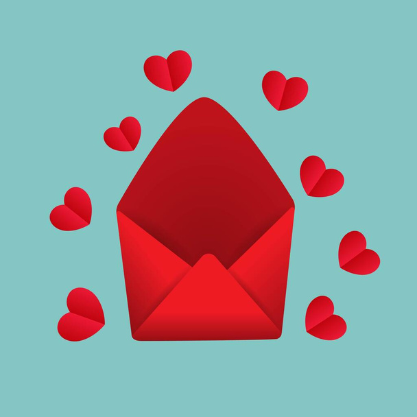 Red Envelope Illustration with Hearts Icon Symbol on aqua background for the day - Вектор, зображення