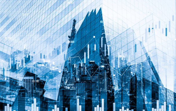 As background for a financial or business concept, digital screen and financial graphs overlap on a picture of modernistic cityscape, skyscrabbers. - Fotoğraf, Görsel