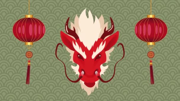 dragón zodiaco chino con lámparas, 4k video animado - Metraje, vídeo