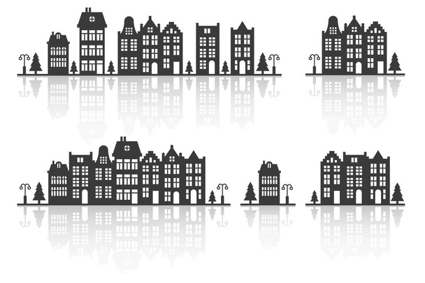 Silhouet van een rij Amsterdamse stijl huizen. Gevels van Europese oude gebouwen met reflectie. Vectorillustratie - Vector, afbeelding