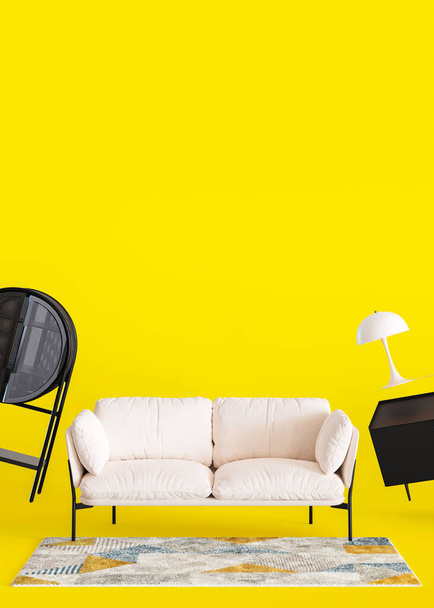 コピースペースと黄色の背景にモダンな家具。家具店、インテリア詳細。家具販売、インテリアプロジェクト。空のスペースを持つ垂直テンプレート。ミニマルなデザイン。3Dレンダリング - 写真・画像