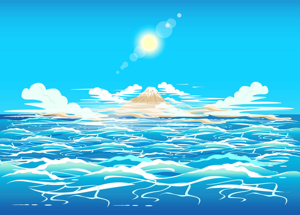 Fata Morgana im Ozean mit Wellen und einer nicht existierenden Insel am Horizont. Surreale Vektorillustration. - Vektor, Bild