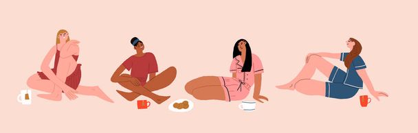 Set vettoriale di belle donne di diversa etnia e colore della pelle che indossano pigiami e bevono tè. Fidanzate in pigiama. Illustrazioni della buonanotte di donne isolate sul beige. Illustrazione vettoriale - Vettoriali, immagini