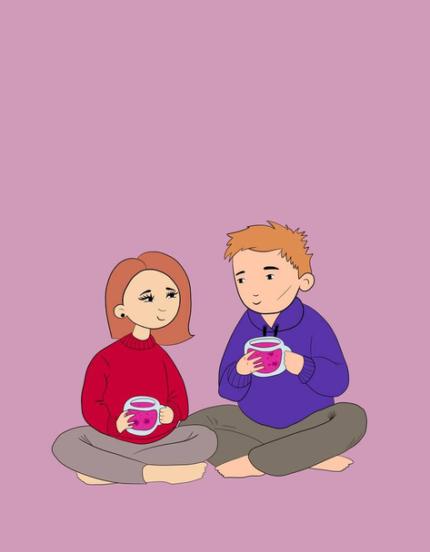 vertical illustration. cute guy and girl sit on the floor, look at each other with a loving look, enjoying delicious tea on a pink background.romantic atmosphere. Happy Valentine's Day - Photo, Image