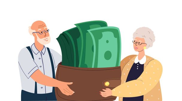 Happy Senior Nyugdíjasok Férfi Női karakterek állni hatalmas Pile of Money Golden érmék halom. koncepció a pénzügyi gazdagság, nyugdíjlevonások, megtakarítások, gazdag nyugdíjba vonulás. Emberek lapos vektor illusztráció - Vektor, kép