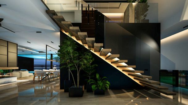 3D-s renderelés modern hangulatos belső tér nappali, étkező zóna lépcső és konyha eladó vagy kiadó fa deszka a tenger mellett éjszaka. Meleg belső világítás hideg éjszakai világítással kombinálva - Fotó, kép