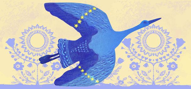 Flying blue stork. Peace symbol, no war concept. Hand drawn - Vektor, Bild