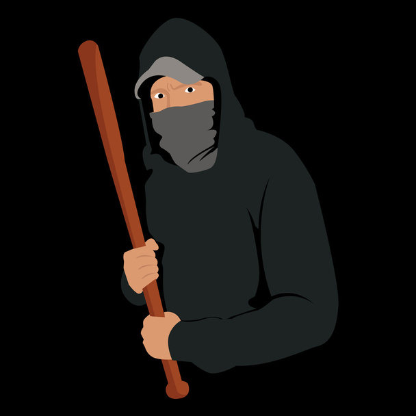 Чоловічий бандит в светрі чекає нападу з дерев'яною бейсбольною битою
. - Вектор, зображення