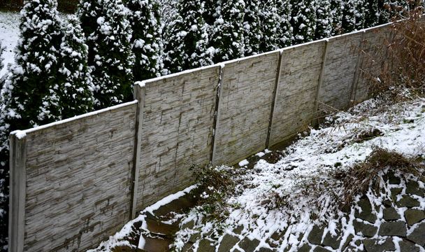 betonowe ogrodzenie wykonane z części składanych razem. Ogród jest obsadzony drzewami thuja dla większej prywatności. Pokryta śniegiem i lodem, łąka - Zdjęcie, obraz