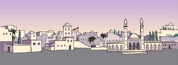 Retro szüret múlt Biblia zsidó kor vidéki keleti ország Medina pálmafa városi jelenet szöveg hely fehér ég festői kilátás. Vázlat kézzel felhívni Irán Irak Omán torony utazás vázlat vonal rajzfilm bibliai művészet vektor - Vektor, kép