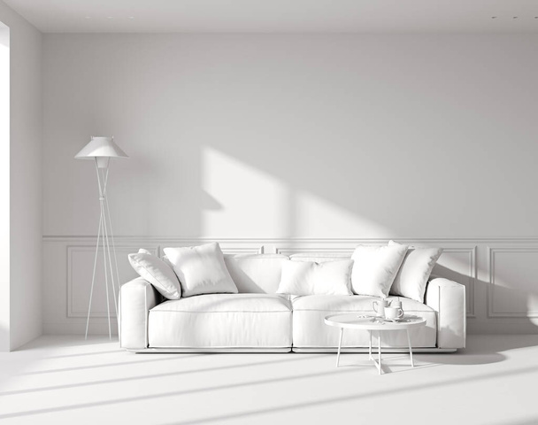 Camera bianca modello interno con ombre di luce solare e divano bianco con tavolino e lampada da terra, parete vuota modello up, rendering 3d - Foto, immagini