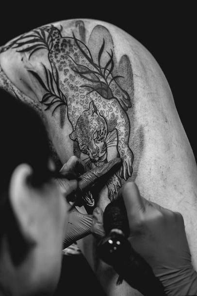 Молодая девушка-татуировщица в очках делает татуировку, с тату-машиной, большого тигра, в бедре и бедрах красивой женщины (черно-белой) - Фото, изображение