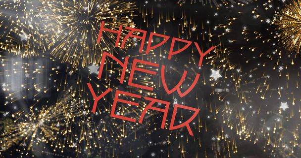 Image of happy new year text in red over gold fireworks on black background. new year, celebration, party, tradition and seasonal event concept digitally generated image. - Foto, immagini