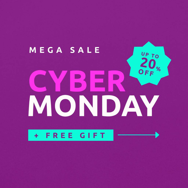 Square picture of cyber monday mega sale free gift text over purple background. Cyber monday and retail campaign. - Fotografie, Obrázek