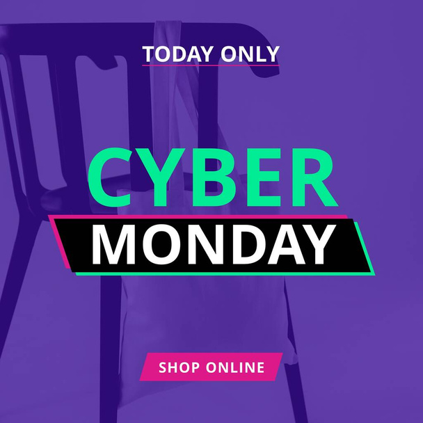Image of cyber monday on purple background with chair. Online shopping, sales, promotions and cyber monday concept. - Fotó, kép