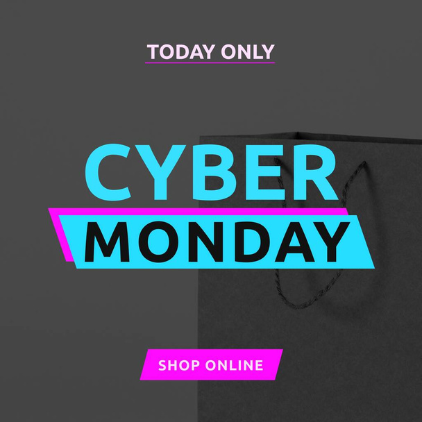Image of cyber monday on grey background with shopping bag. Online shopping, sales, promotions and cyber monday concept. - Фото, зображення