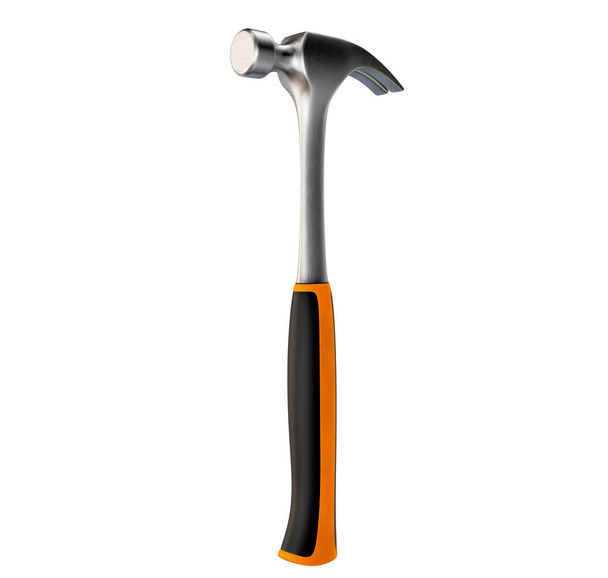 Un normale martello in metallo con impugnatura arancione su uno sfondo bianco isolato - rendering 3D - Foto, immagini