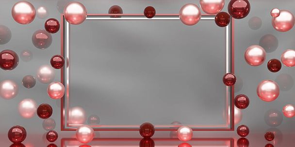 Tekst en smog frame achtergrond Elegante Tekstvak omgeven door kralen en glazen ballen 3d illustratie - Foto, afbeelding