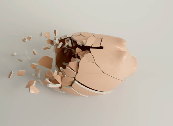 Une tirelire en céramique beige avec une extrémité arrière fracassante sur un fond de studio isolé - rendu 3D - Photo, image
