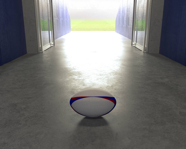 Rugbypallo lattialla stadionin urheilukäytävällä, jossa on avoimet lasiovet valaistulle areenalle etäisyydellä - 3D-renderöinti - Valokuva, kuva
