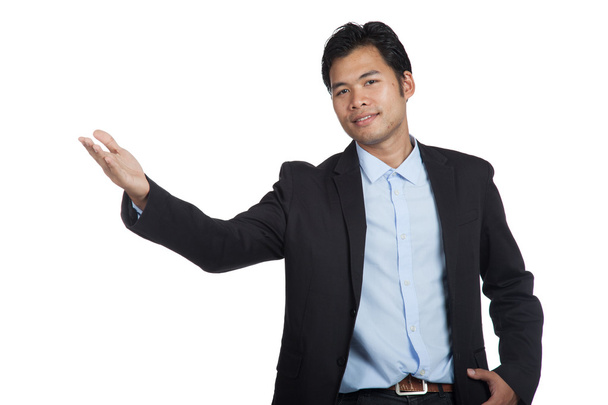 Asian businessman open palm hand  show something - Zdjęcie, obraz