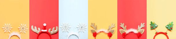 Колаж зі стильними різдвяними головними уборами на кольоровому фоні, вид зверху
 - Фото, зображення