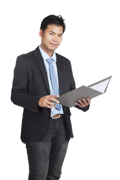 Asian businessman open a folder and smile - Zdjęcie, obraz